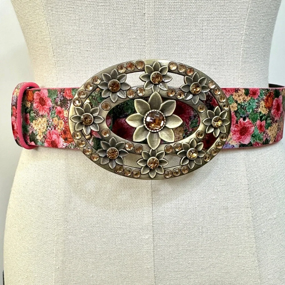 Vintage Style Floral Belt S Metallic Accent Jeweled Buckle Romantic Cottage Boho